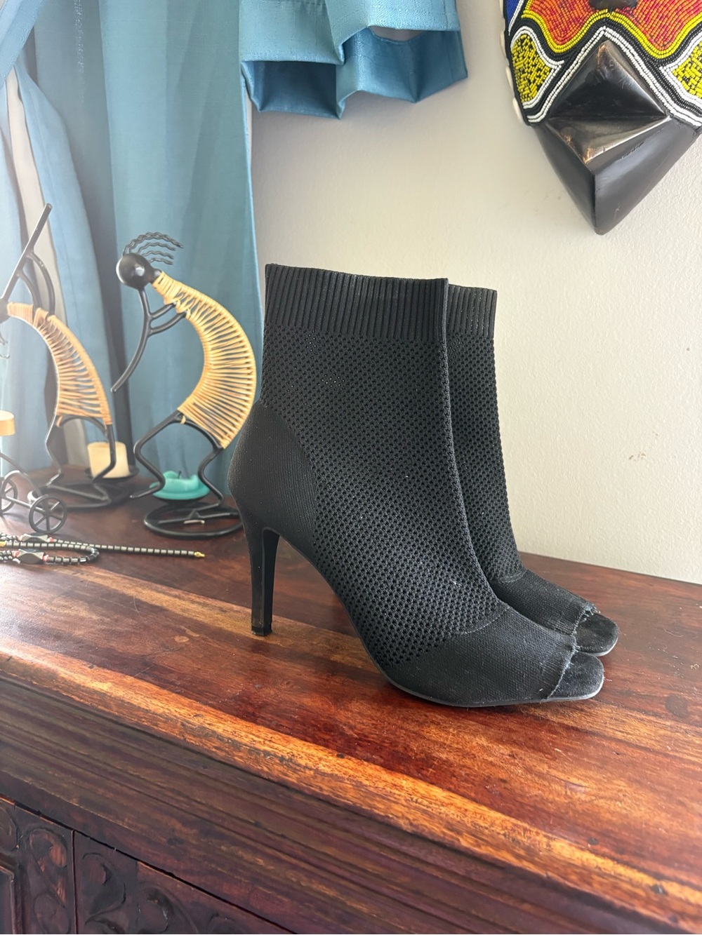 MIA Black Knit Peep-Toe Sock Booties with Stiletto Heel